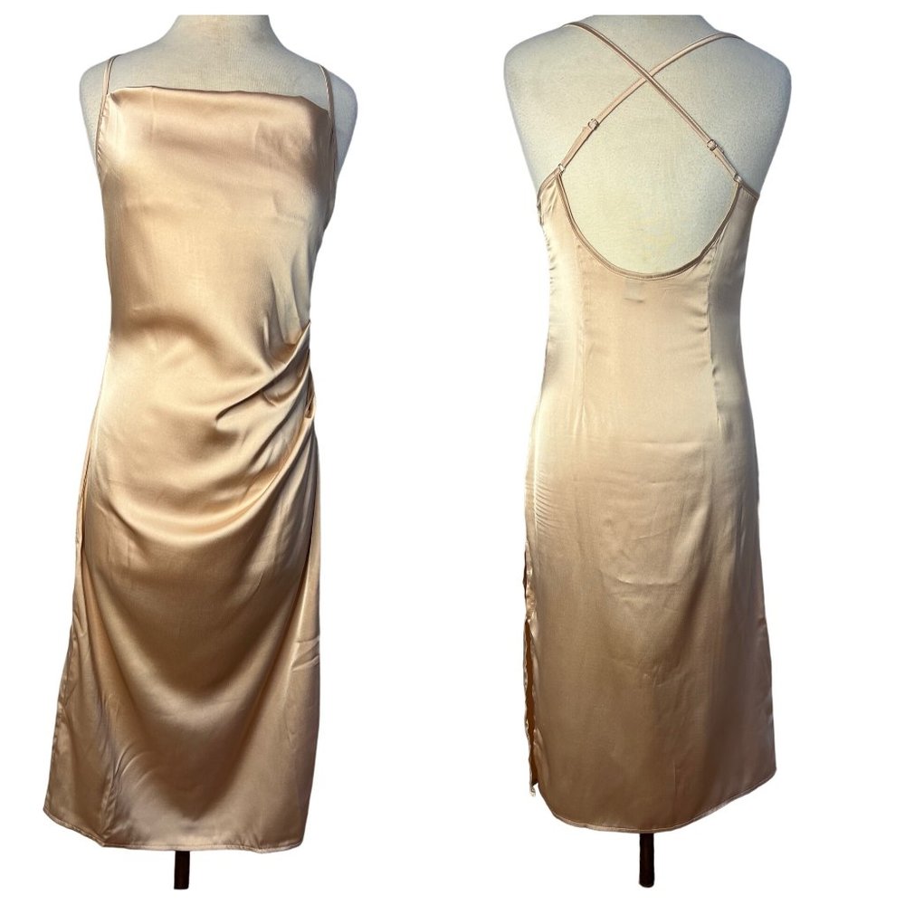 SHEIN Dress Petite Large Tan Sheath Midi adj Straps Zip Scoop Neck